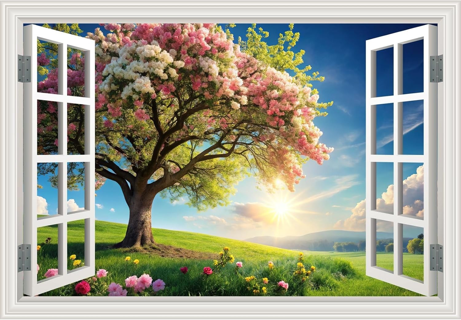 Fake Window Wall Mural Green Flowers Tree Art Poster Faux Window Wall Sticker…