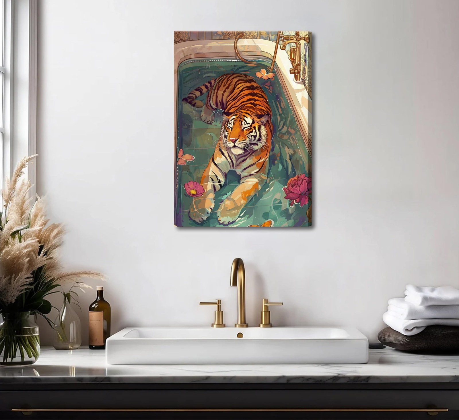 Tiger in Bathtub Canvas Wall Art Funny Bathroom Animal Painting Picture Wall …