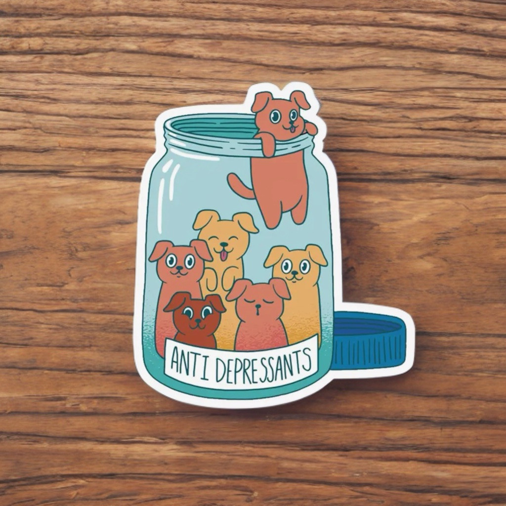 Sticker Dogs In Jar, Antidepressants, 3” Cute Dog Puppy Mental Health Medicine