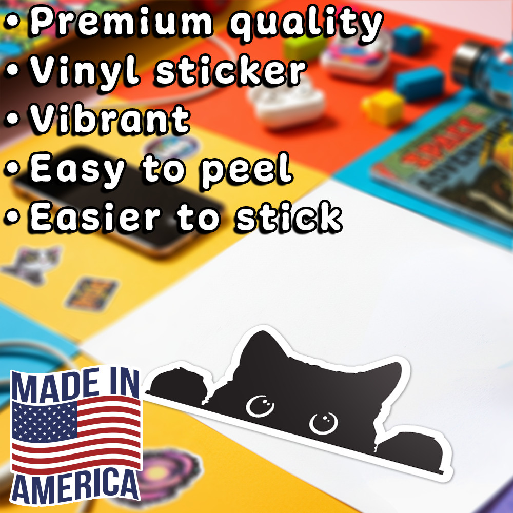 5"W x 2"H Peeking Black Cat Decal, Funny Sticker for Car, Laptop, Window