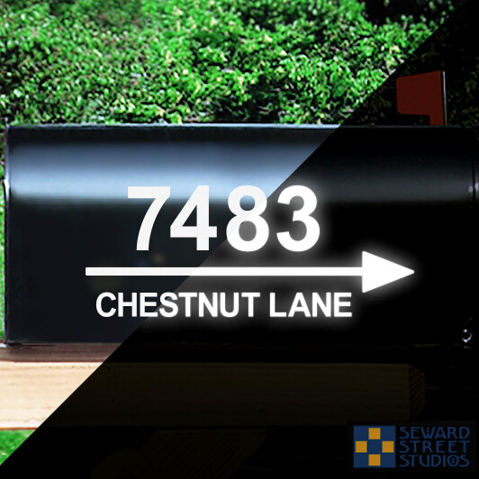 Reflective Mailbox Address Decal, Custom Arrow Street Name 4"h x 10"w – #1338R