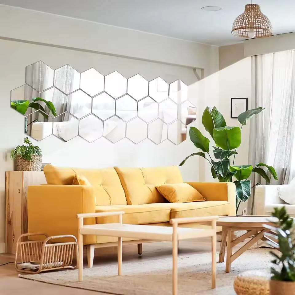 Hexagon Acrylic 3D Mirror Wall Stickers Self Adhesive Wall Decor Tiles Modern DI