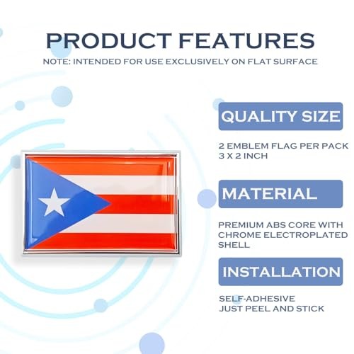 Flag Sticker Emblem Decal for Puerto Rico Car Chrome Flags – 2 Pack – 3 Pack