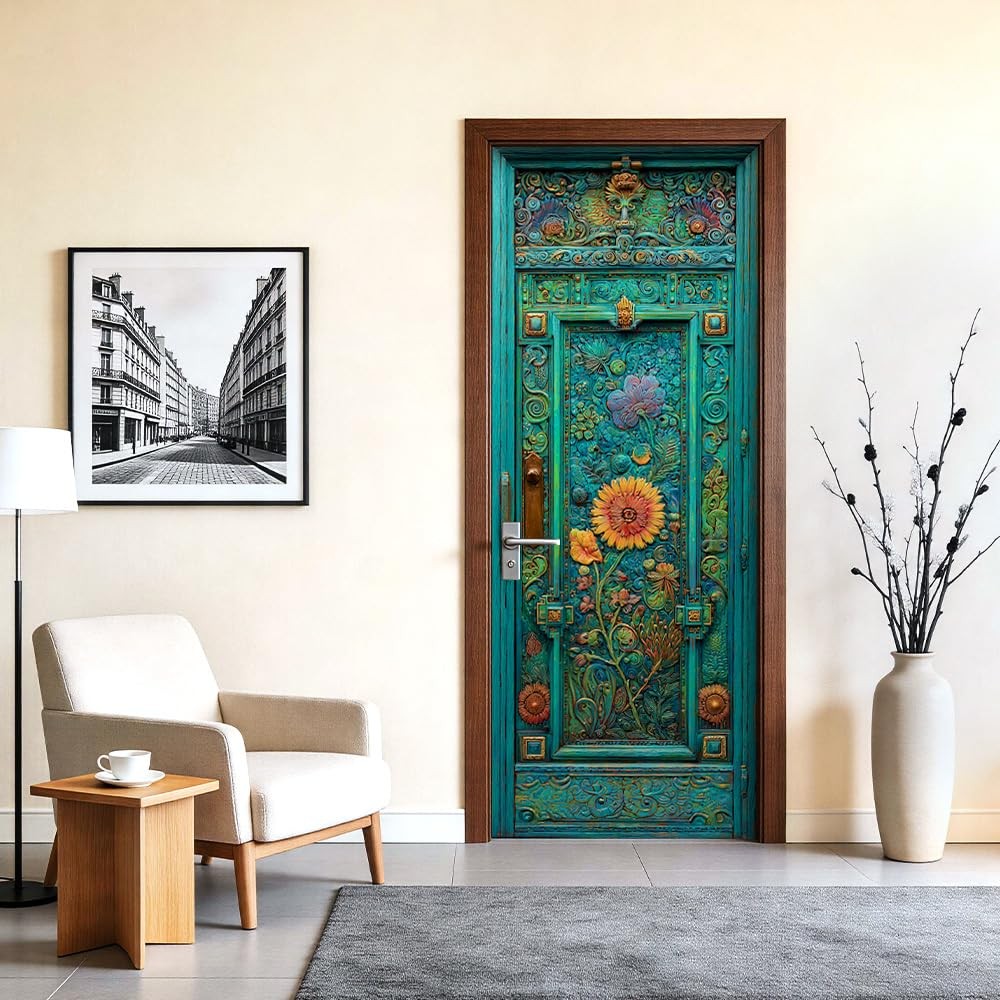 Cmialusie Peel and Stick Door Wallpaper 30.31 x 78.74 Inch Turquoise Floral V…