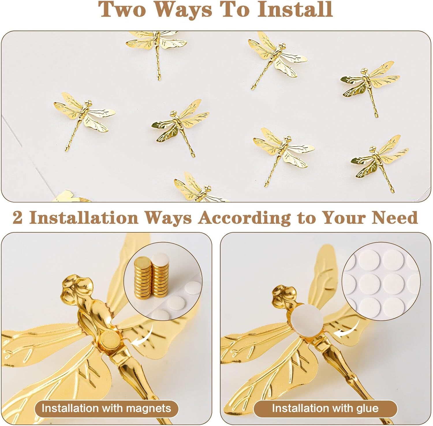 12Pcs Gold Wall Decor, 3D Dragonfly with Removable Refrigerator Magnets…