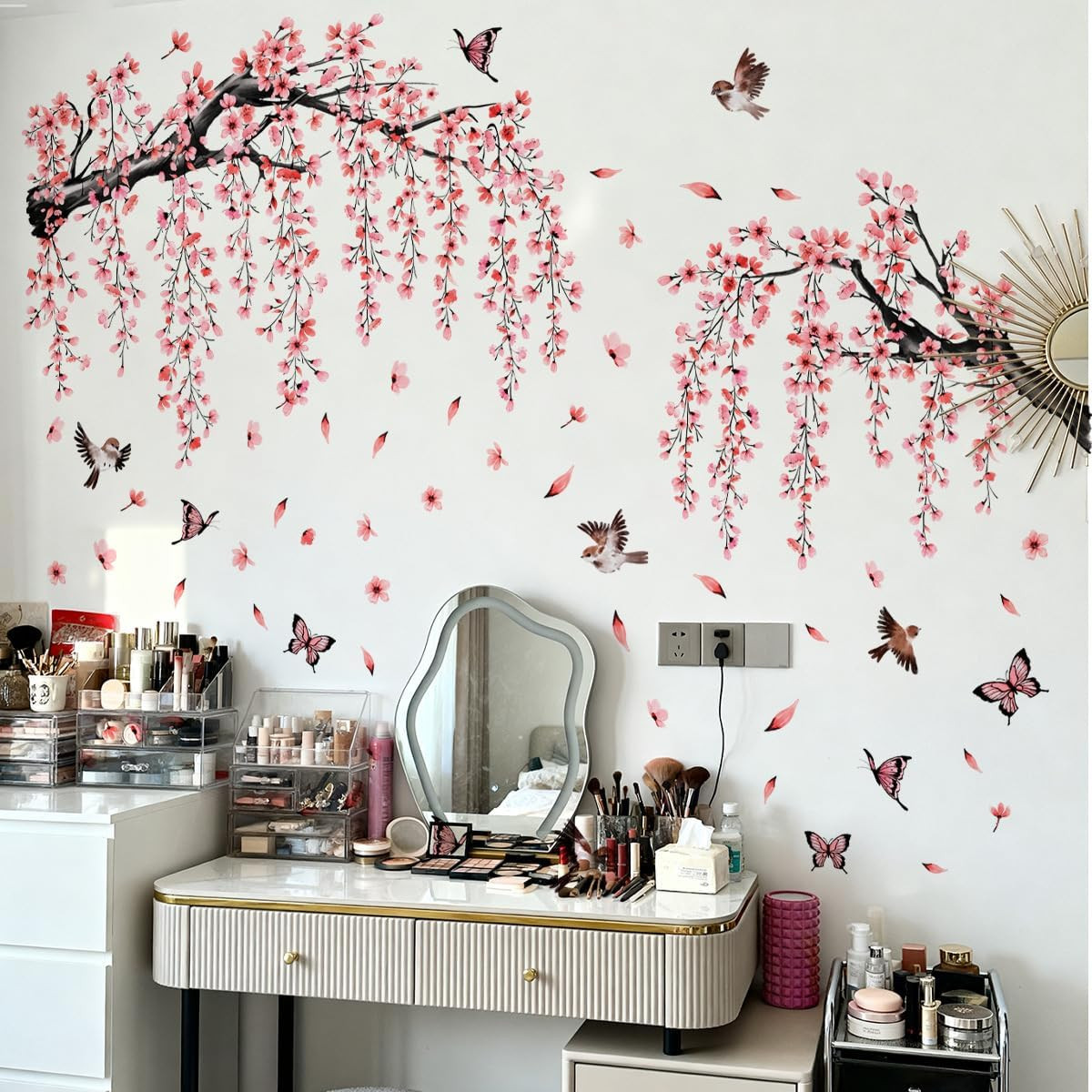 Large Cherry Blossom Wall Decals with Butterflies and Birds, Pink Floral Tree Br