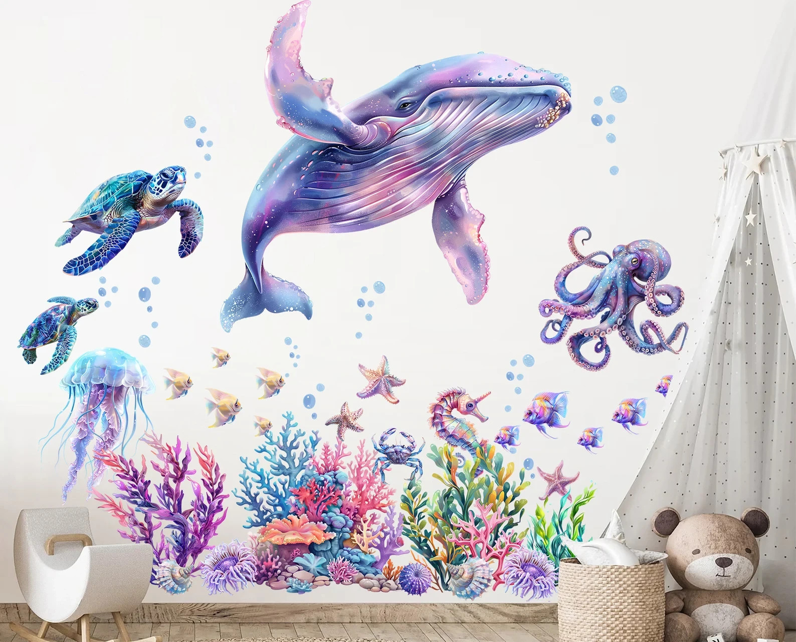 Underwater World Animal Decal with Whale,Octopus, Sea Turtle Wall Decal-BR475