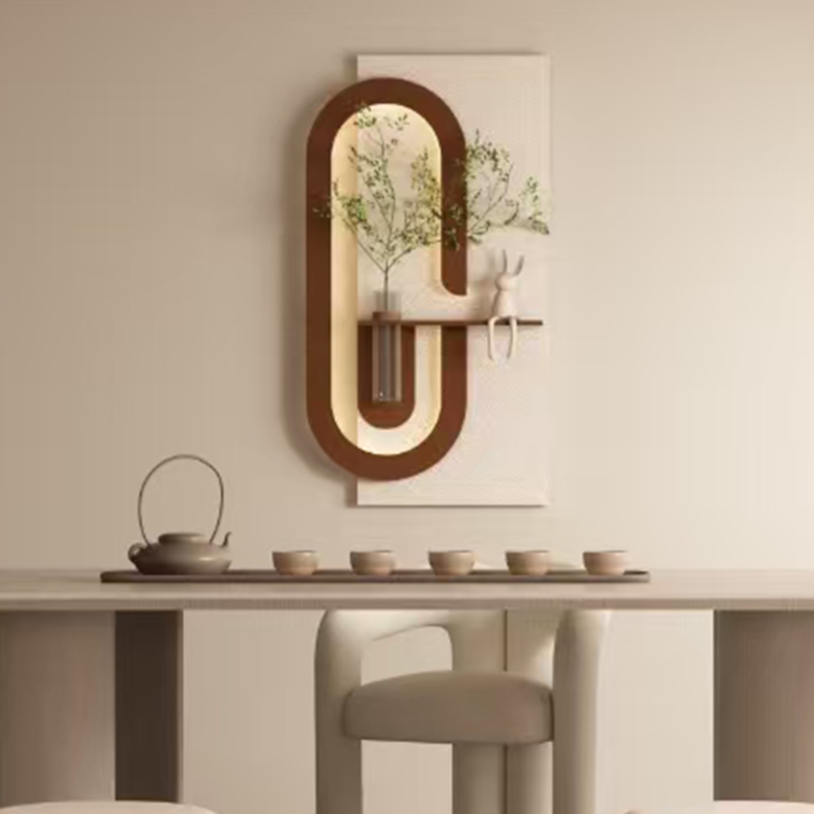 3-Color LED Sandstone Wall Art with Plants, Vase & Rabbit Statue, Remote Light