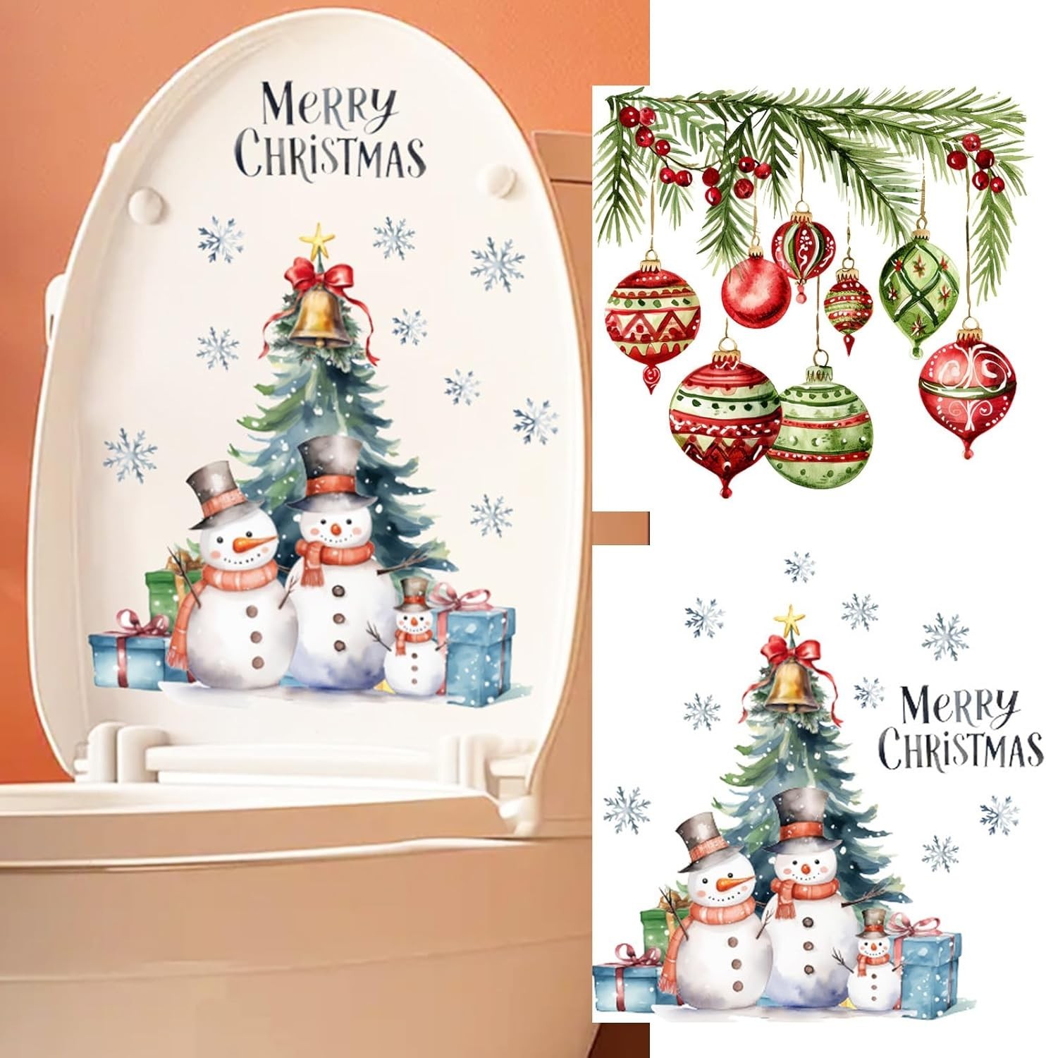2Pcs Christmas Snowman Toilet Sticker Holly Colorful Balls Toilet Seat Cover