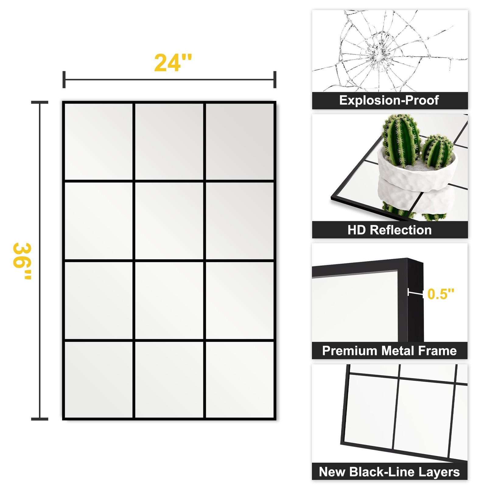 Window Pane Wall Mirror, 36"x24" Wall Mounted Window Mirror for Living Room, …