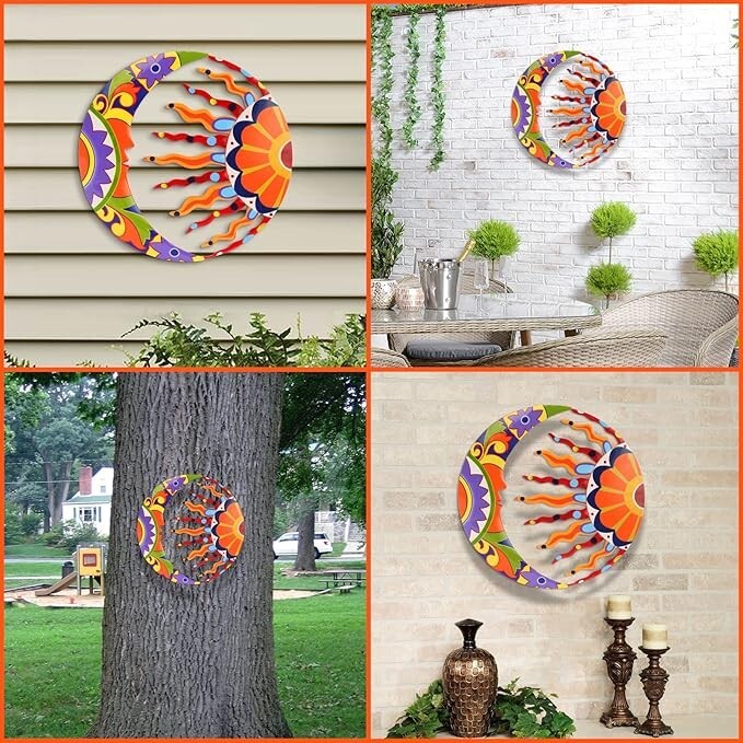 Decoración de arte de pared de sol y luna de metal 16" colorido talavera. neuvo.