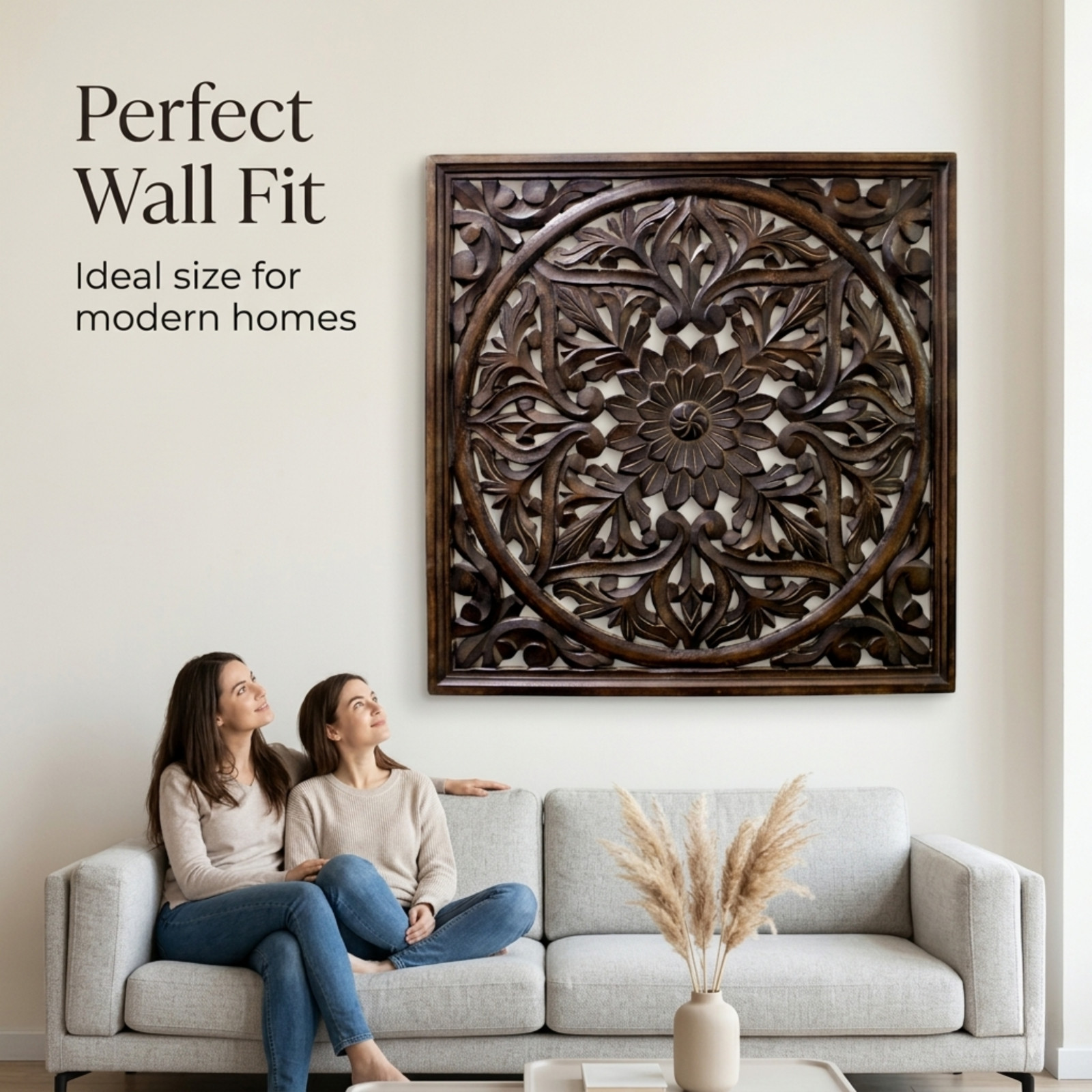 Carved Wood Wall Decor Panel 61cm – Large Rustic Floral Mandala Art