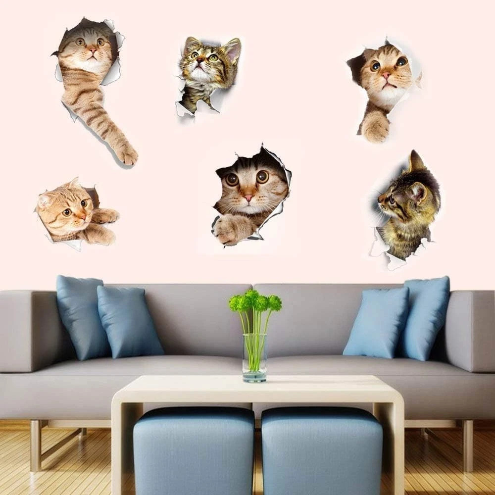 6PCS 3D Wall Stickers Cats Self Adhesive, Kids Wall Decals/Removable Vinyl Ar…