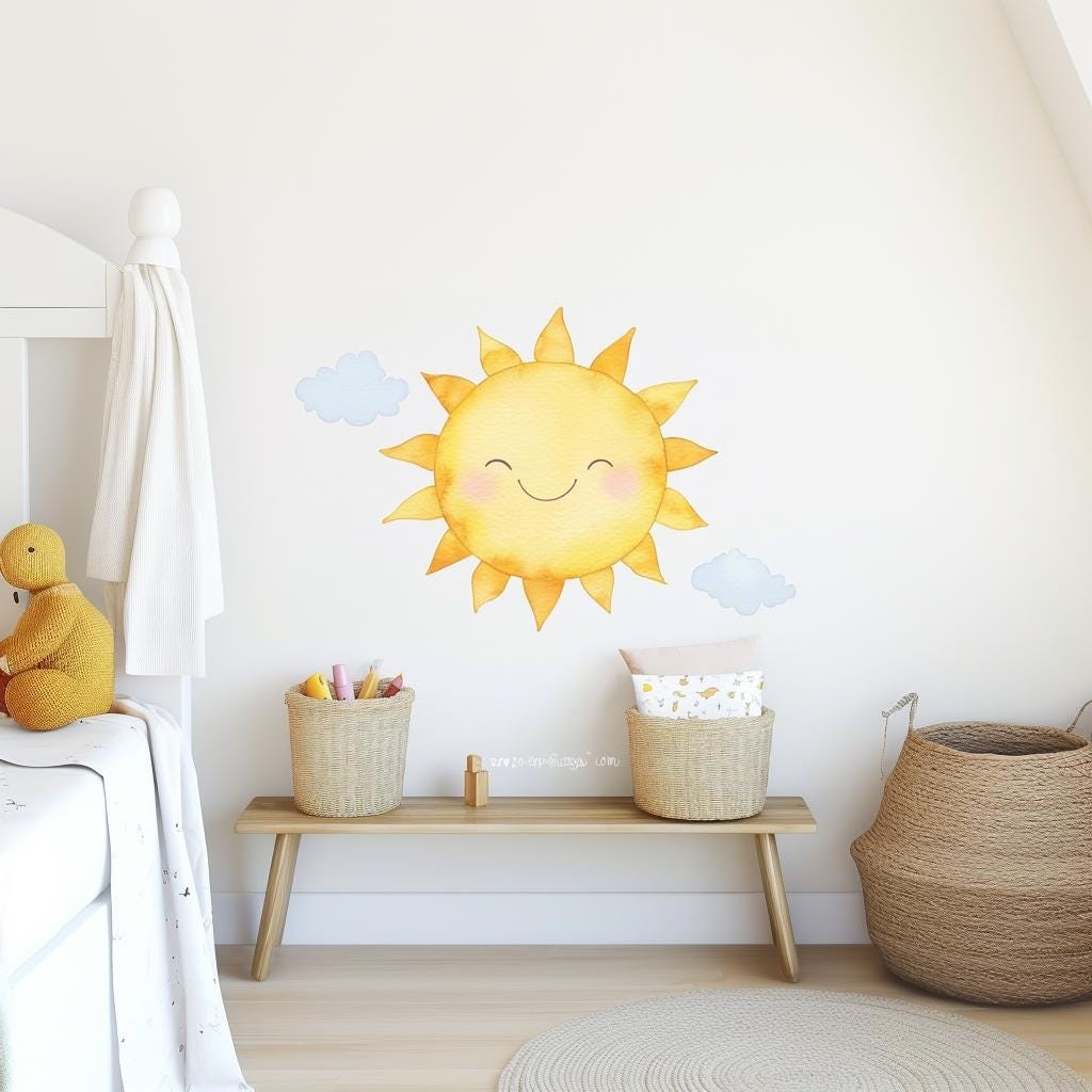 Smiling Sun Wall Decal Sticker | Watercolor Sun and Cloud Nursery Wall Art |