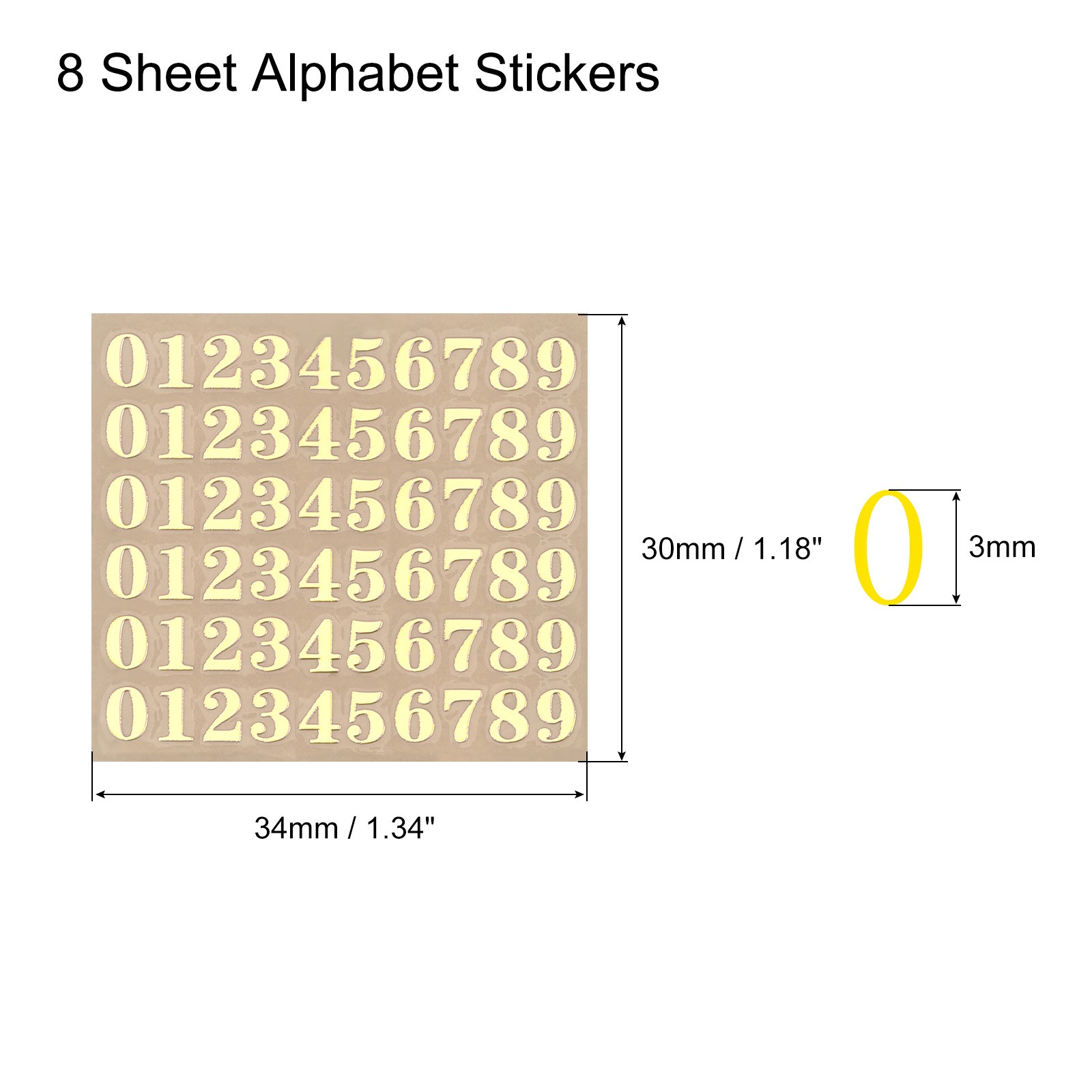 Number Resin Stickers 8 Sheets Sticker Glitter Alloy Gold 3mm High