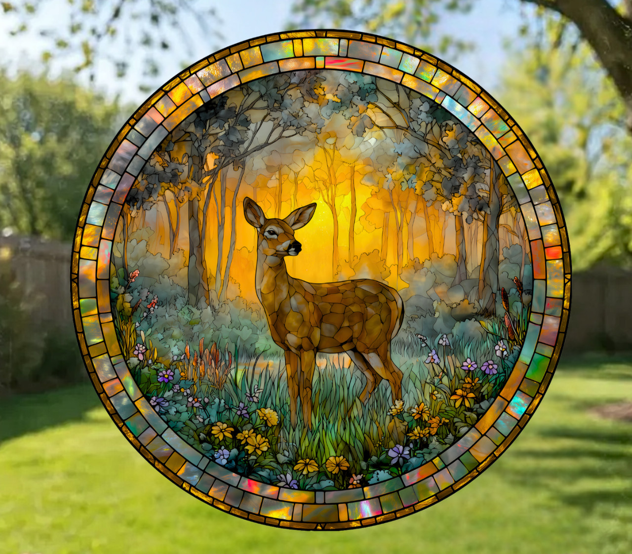 Deer Faux Stained-Glass WINDOW CLING Size 8" Round, Repositionable Vinyl