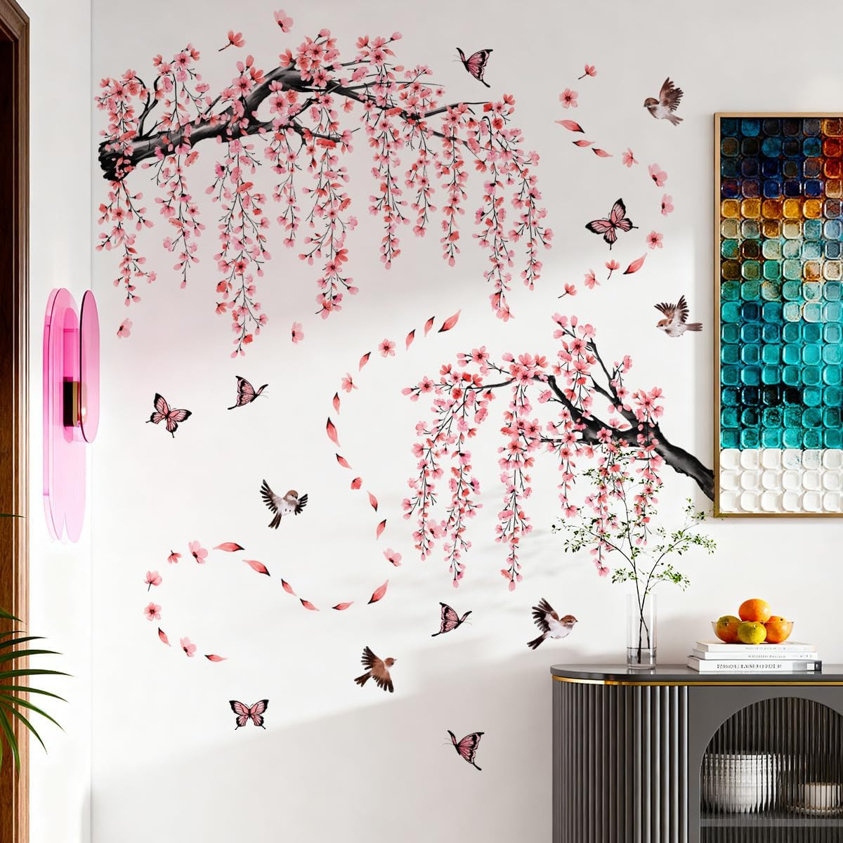 Large Cherry Blossom Wall Decals with Butterflies and Birds, Pink Floral Tree Br