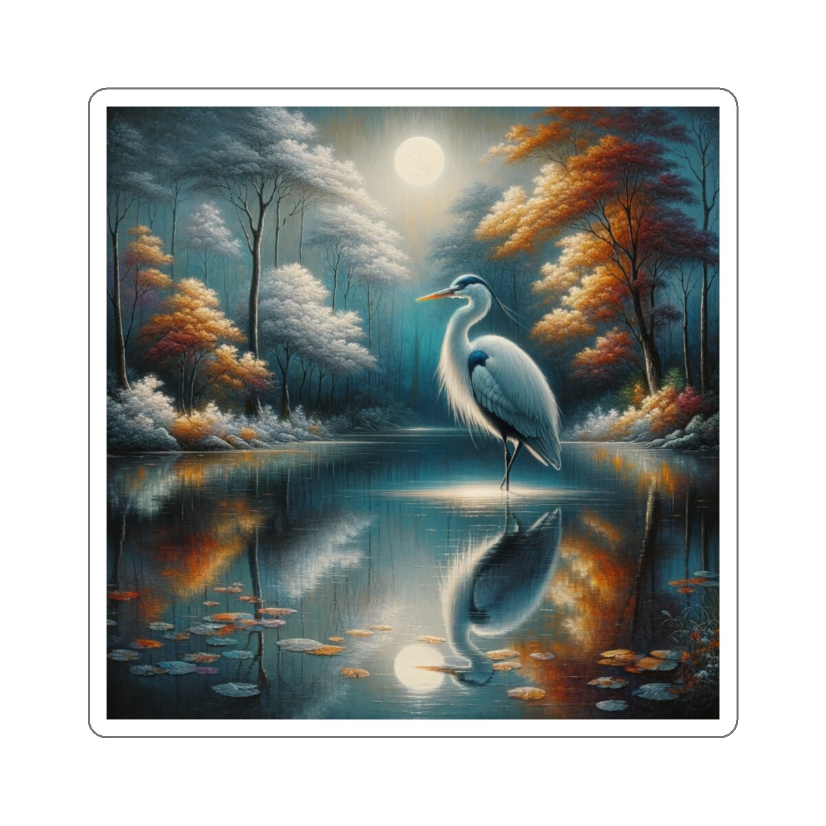 Sticker Heron Painting Autumn Moon Reflection 2×2 3×3 4×4 6×6