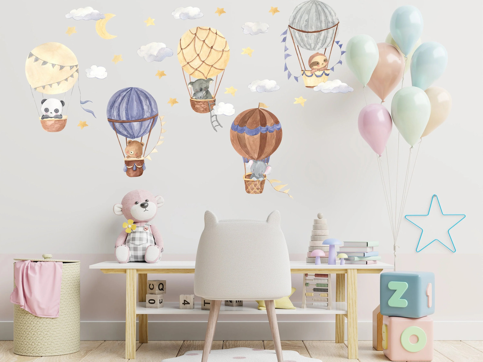 Hot Air Balloon Wall Stickers – Animals Clouds Nursery Decor Decal – Baby Kids