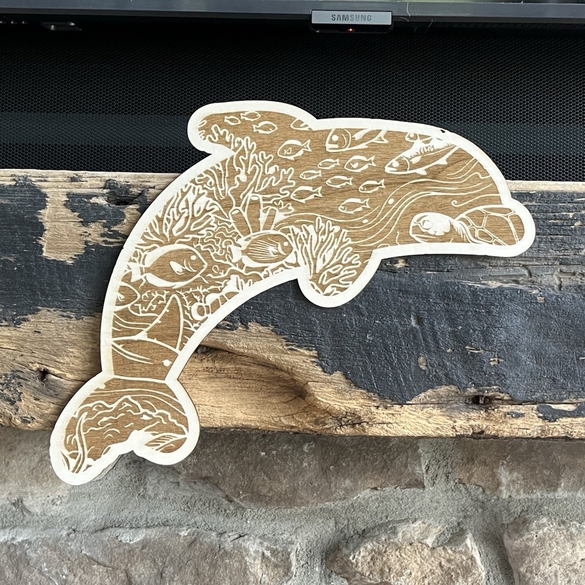 Dolphin Ocean Scene Wood Laser Engraving/10×8 inch.