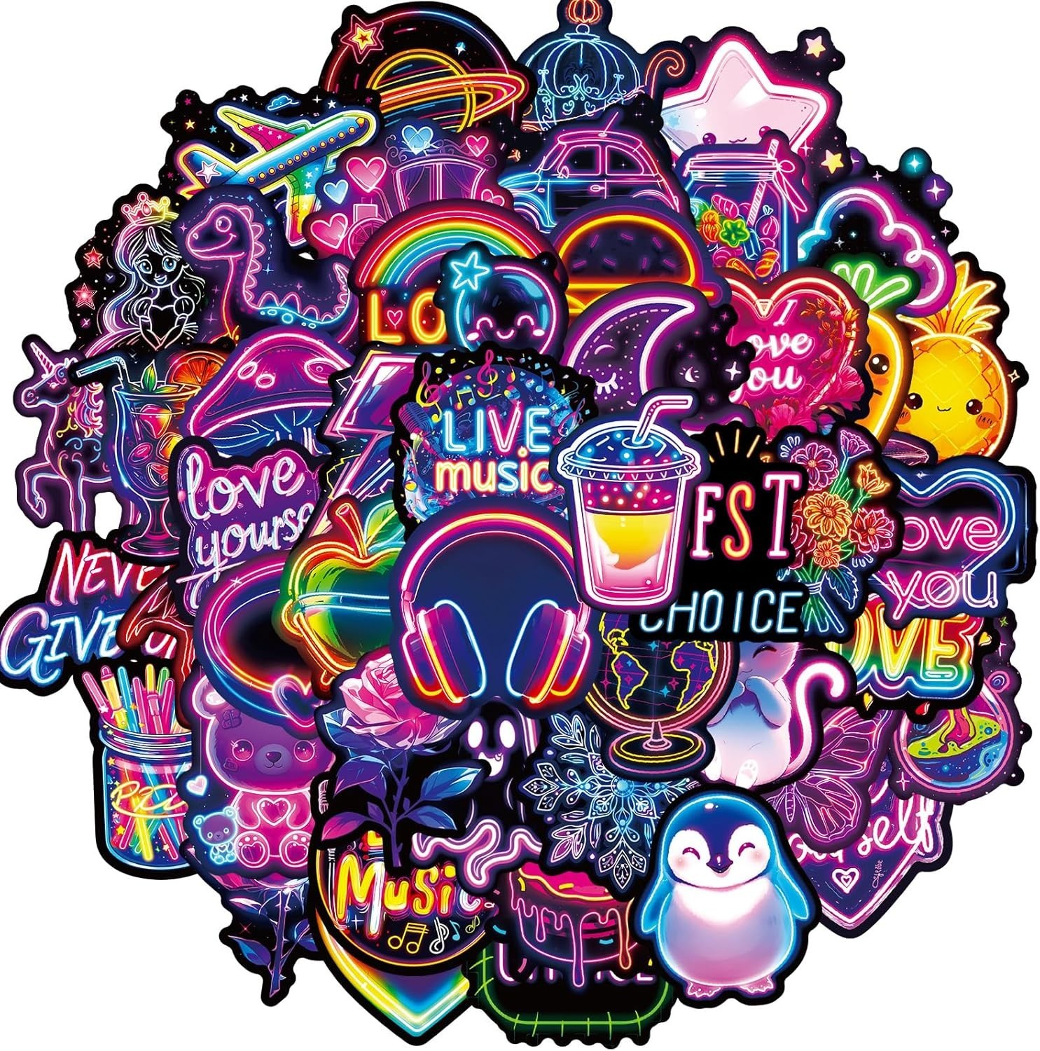 50 Unique Neon Stickers – Waterproof Vinyl Graffiti Decals for Personalization