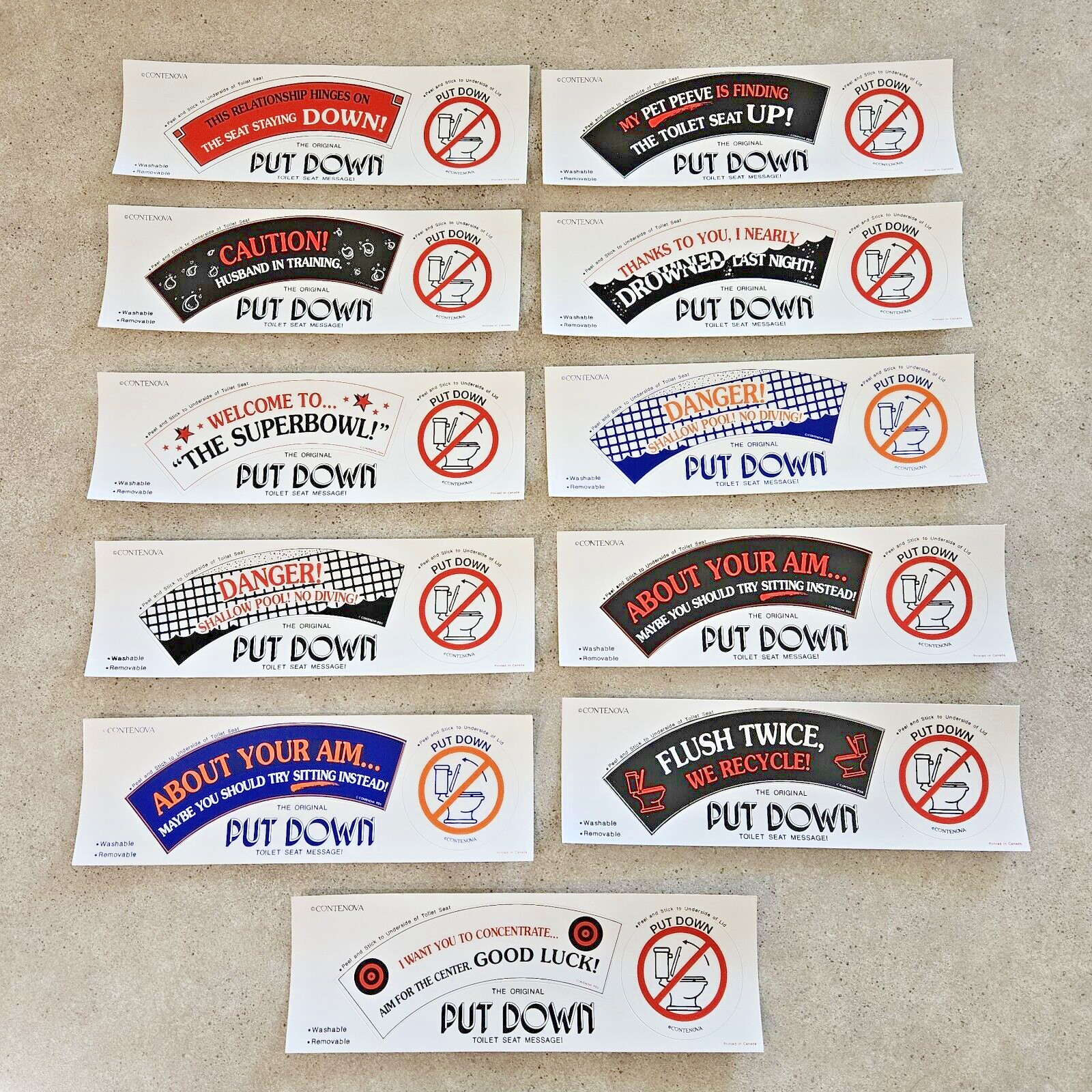 Lot of 11 Contenova The Original Toilet Seat Message Sticker Bathroom Humor