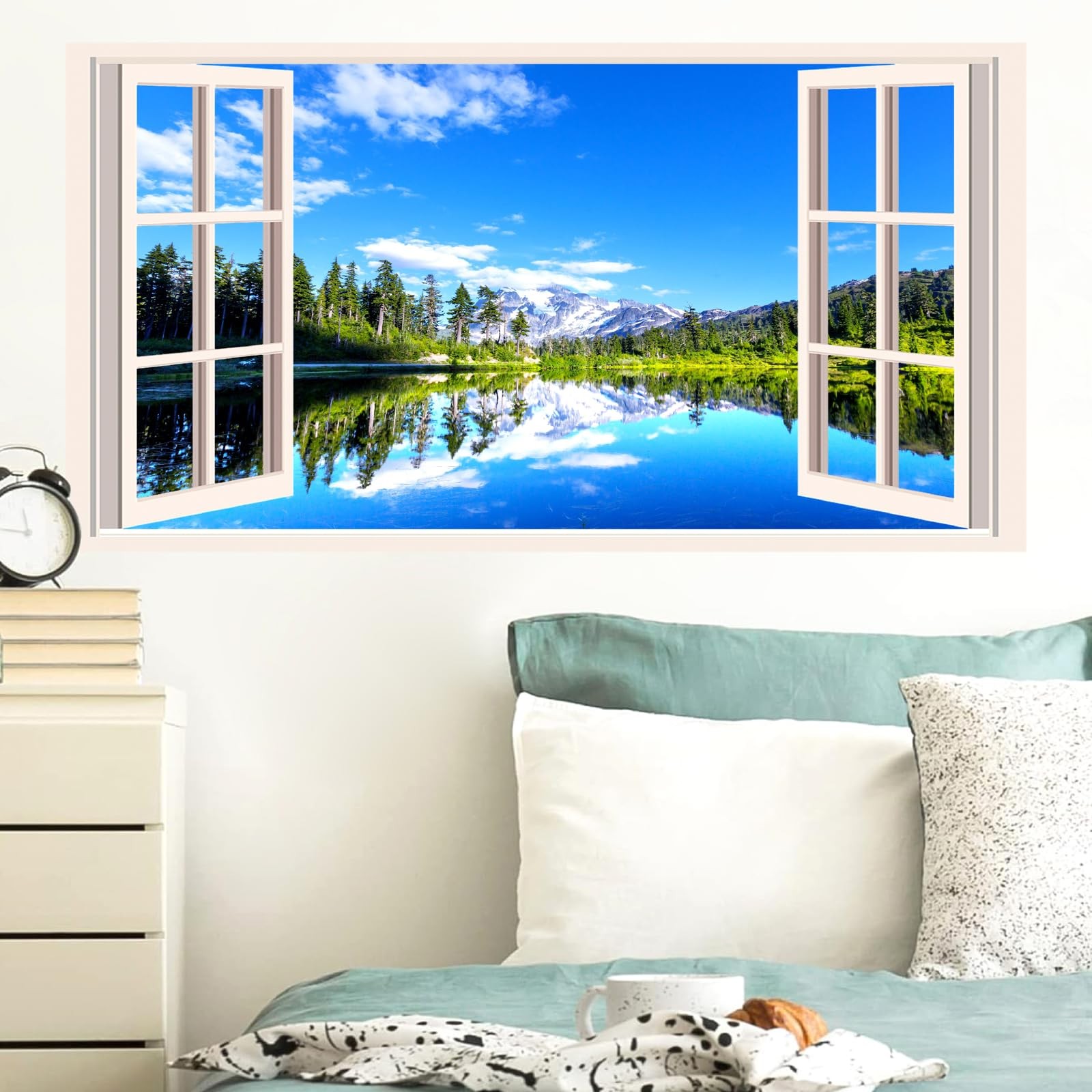 Fake Window Wall Stickers 3D Forest Lake View Mountain 3d Scenery a