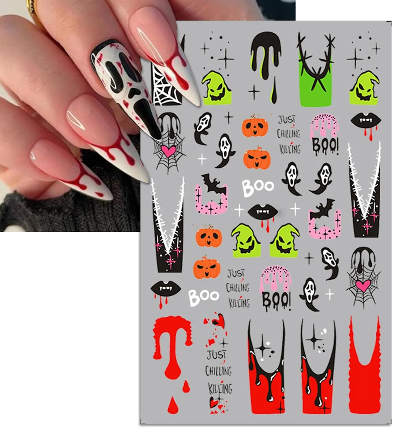 IDDFEVE Halloween Nail Art Stickers, Gradient Pumpkin, Horror Mask Nail Decals,