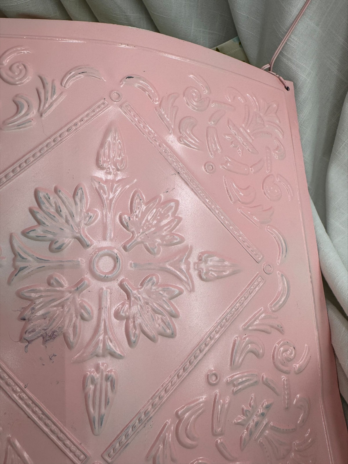 Pink Metal Embossed Floral Tin Tile Wall Pocket Hanging Planter 15" Shabby Chic