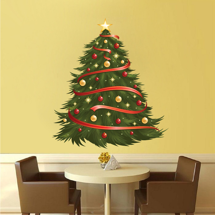 Decorated Christmas Tree Wall Decal Winter Party Decor Decorations, h74