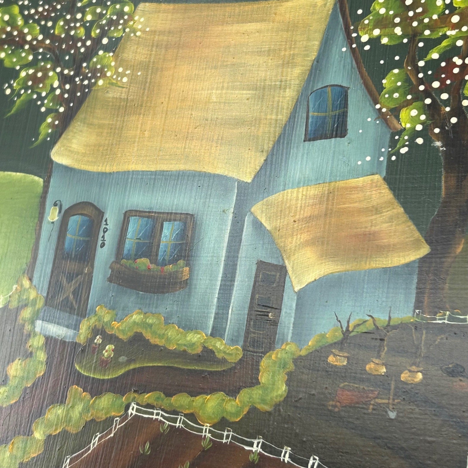 Vintage Hand-painted Farm House Landscape Cottagecore Ornate Wooden Wall Art
