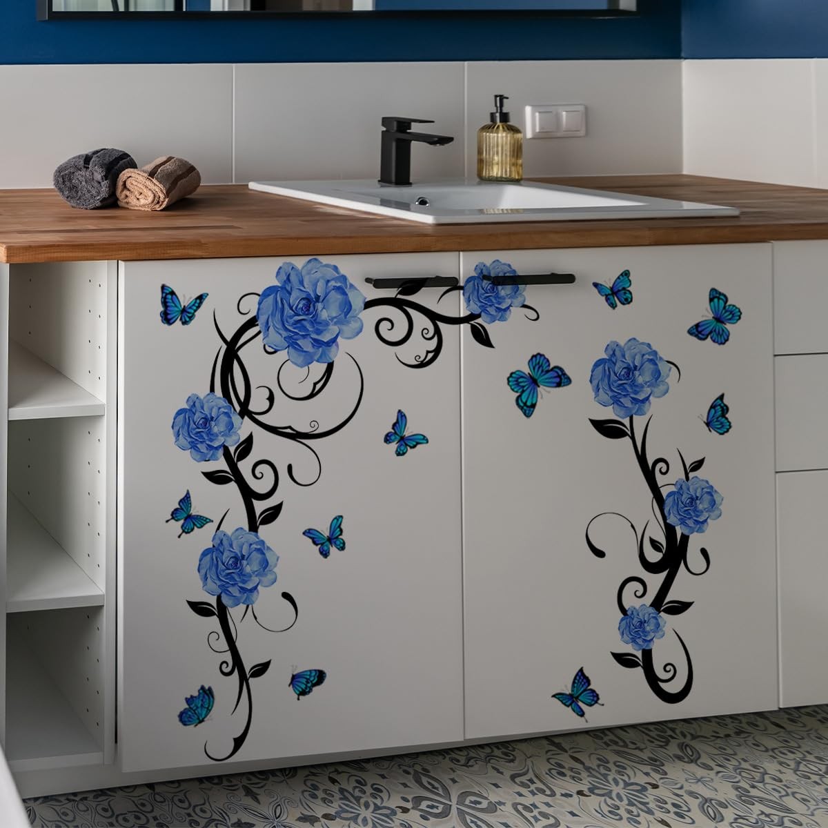 Blue Flower Vine Butterfly Wall Decals Removable Vinyl Peel and Stick Wall St…