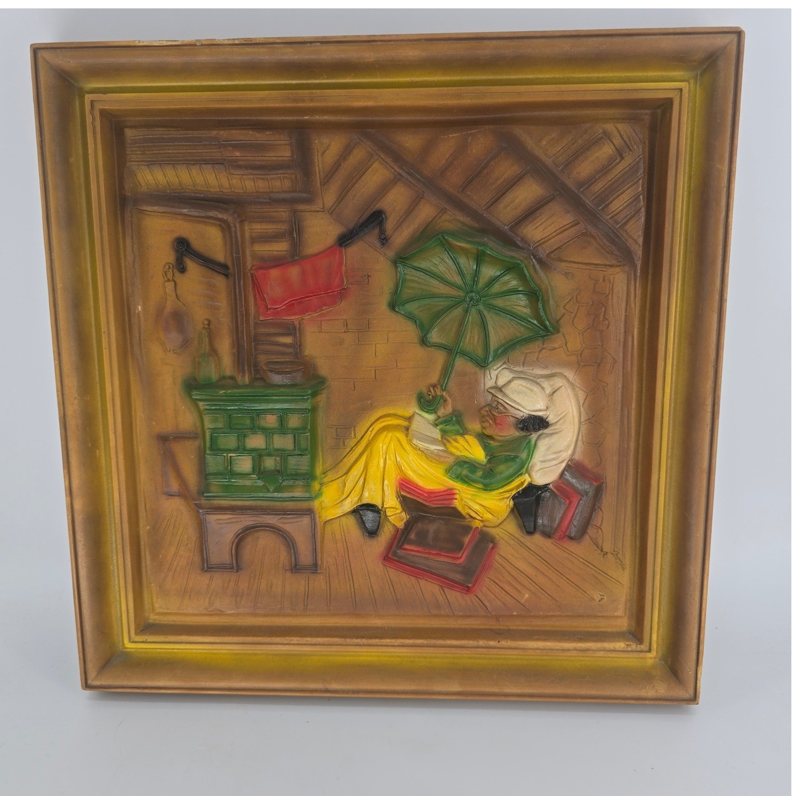 Vintage Italian 3D Faux Wood Plaques Set Mod Dep Spitzweg Alchemist Poor Poet
