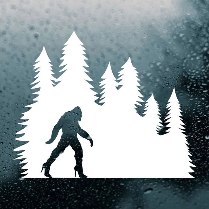 Bigfoot in High Heels in Tree Line Vinyl Decal V1 | Sasquatch Pine Trees Sticker