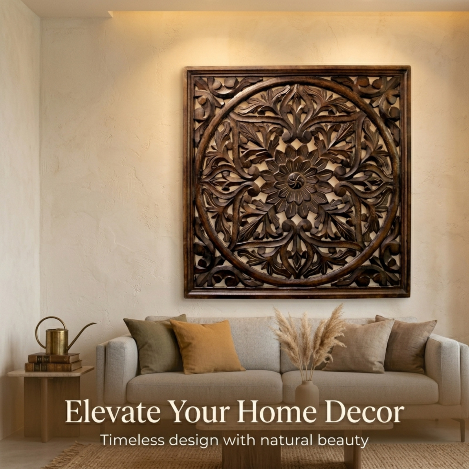 Carved Wood Wall Decor Panel 61cm – Large Rustic Floral Mandala Art