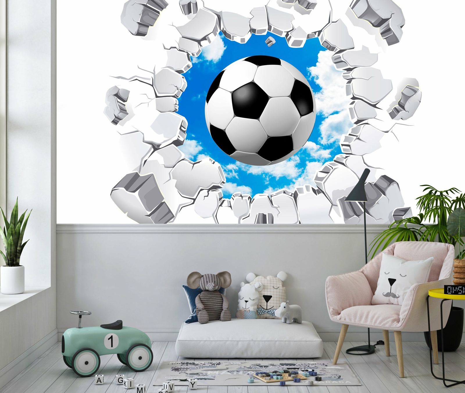 Soccer Ball Through A Brick Wall Wallpaper – Large Wall Mural – Self-adhesive