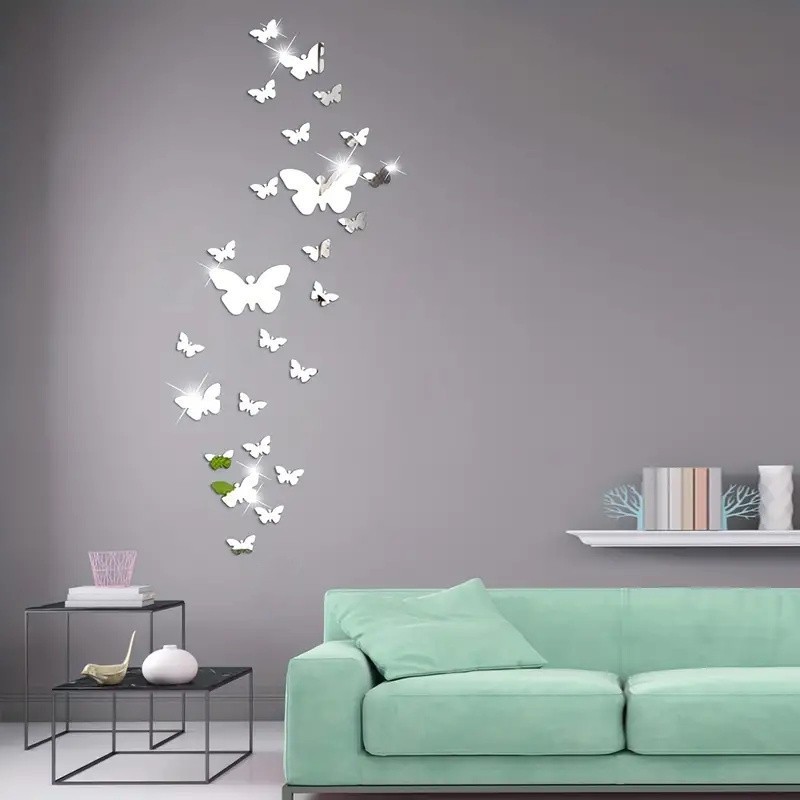 60Pcs Mirror Butterfly Wall Decor Set Self Adhesive Removable Home Art Decals