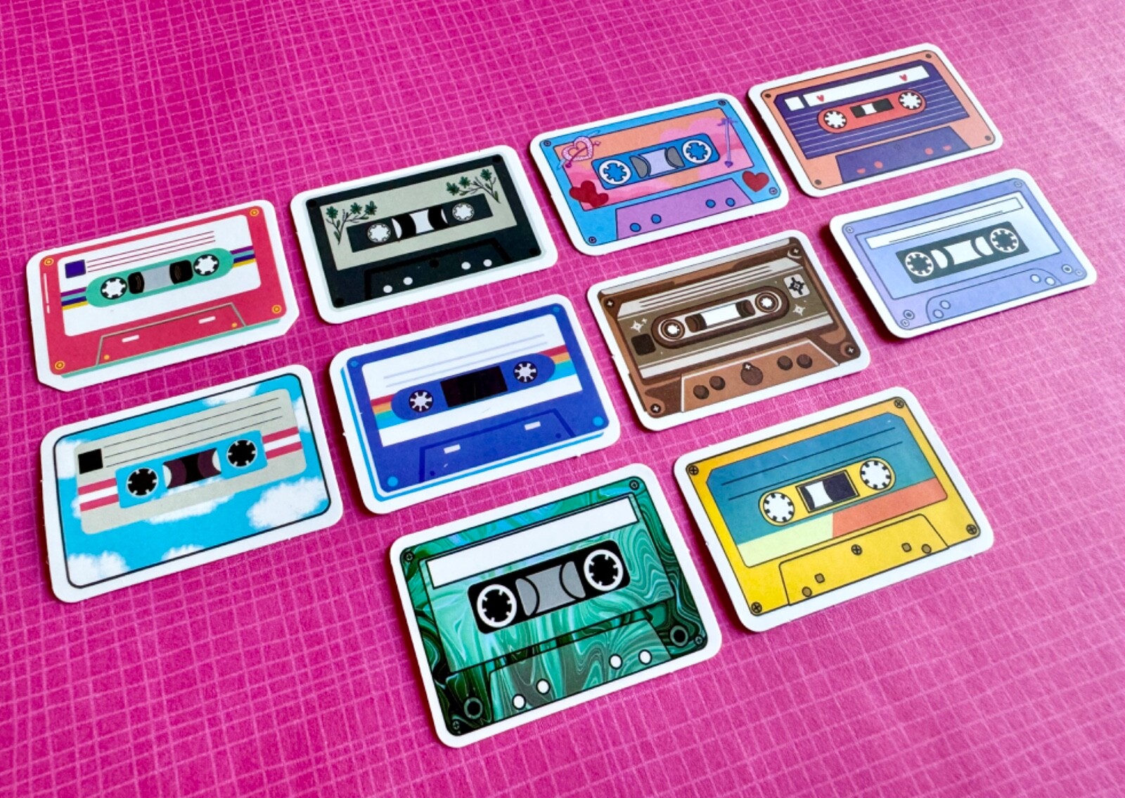 New 80s Style Mini Cassette Tape Waterproof Stickers Set of 10 – 1.75” x 1.25”