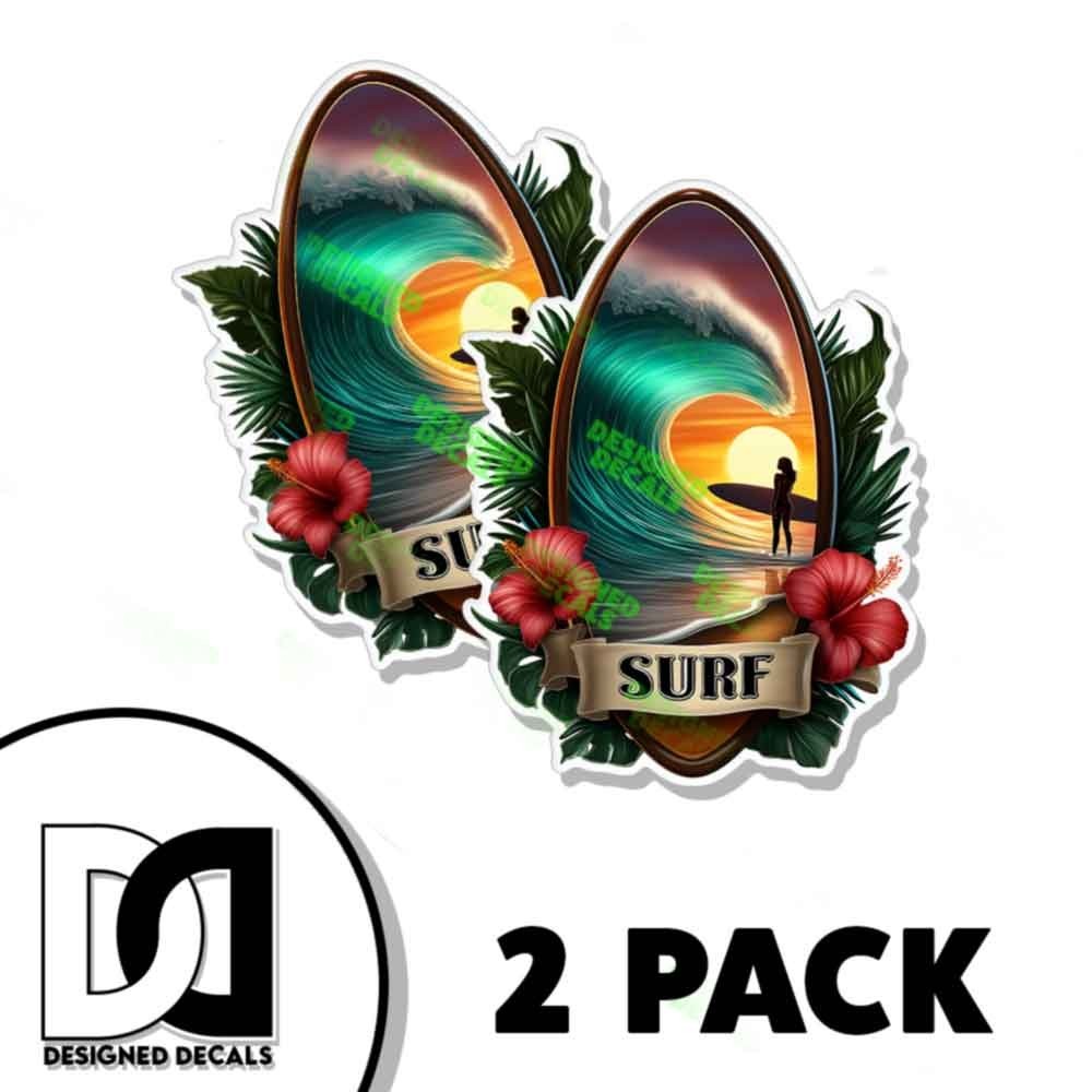 Surf Sticker Tropical Vinyl Decal Sticker – Die Cut watersports boating surf 2PK