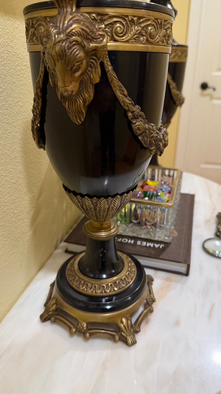 PAIR OF FRENCH LOUIS XVI RAM HEAD BRONZE URNS:MAITLAND SMITH
