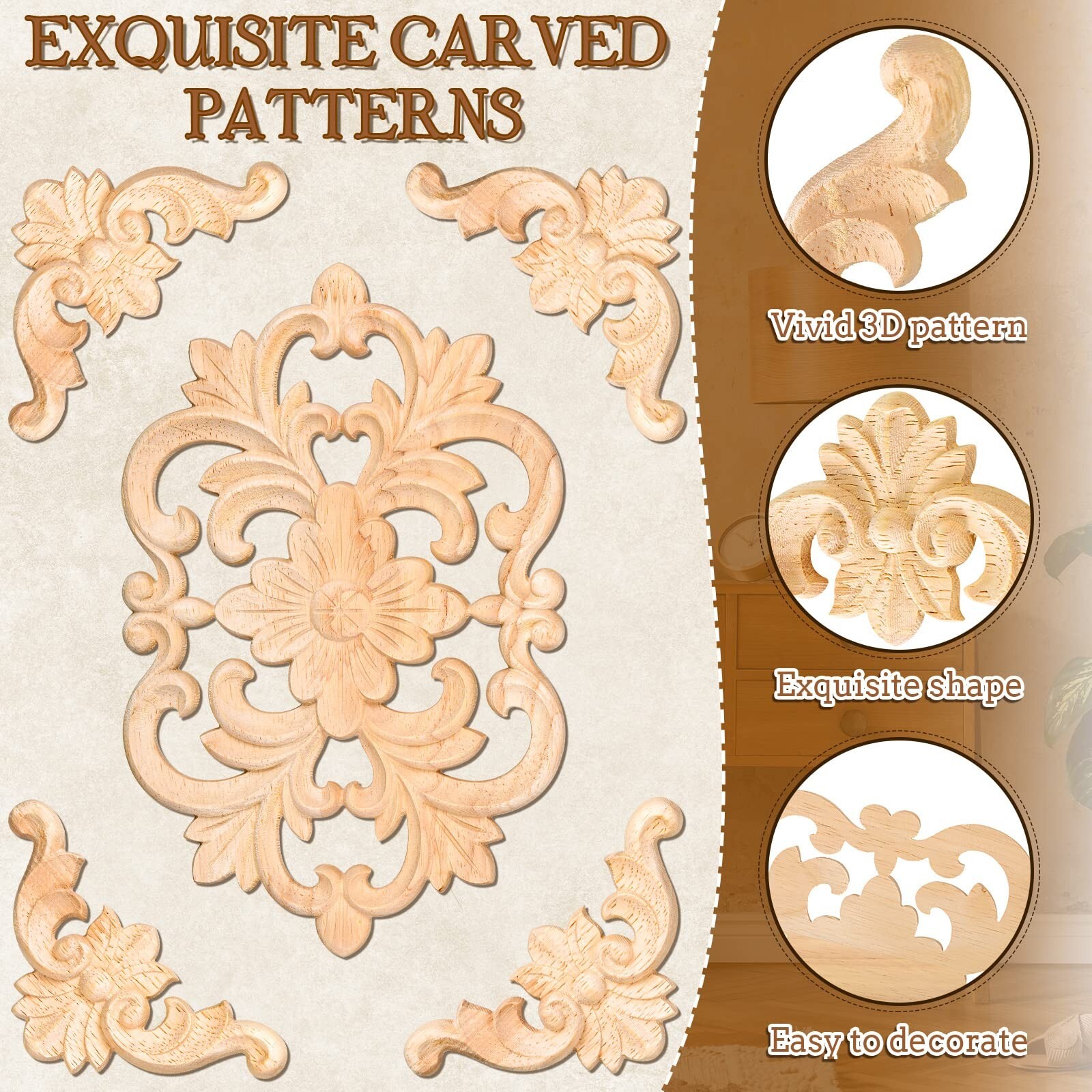 10 Pcs Wood Appliques Decorative Wood Appliques Onlays for Furniture Door Cen…