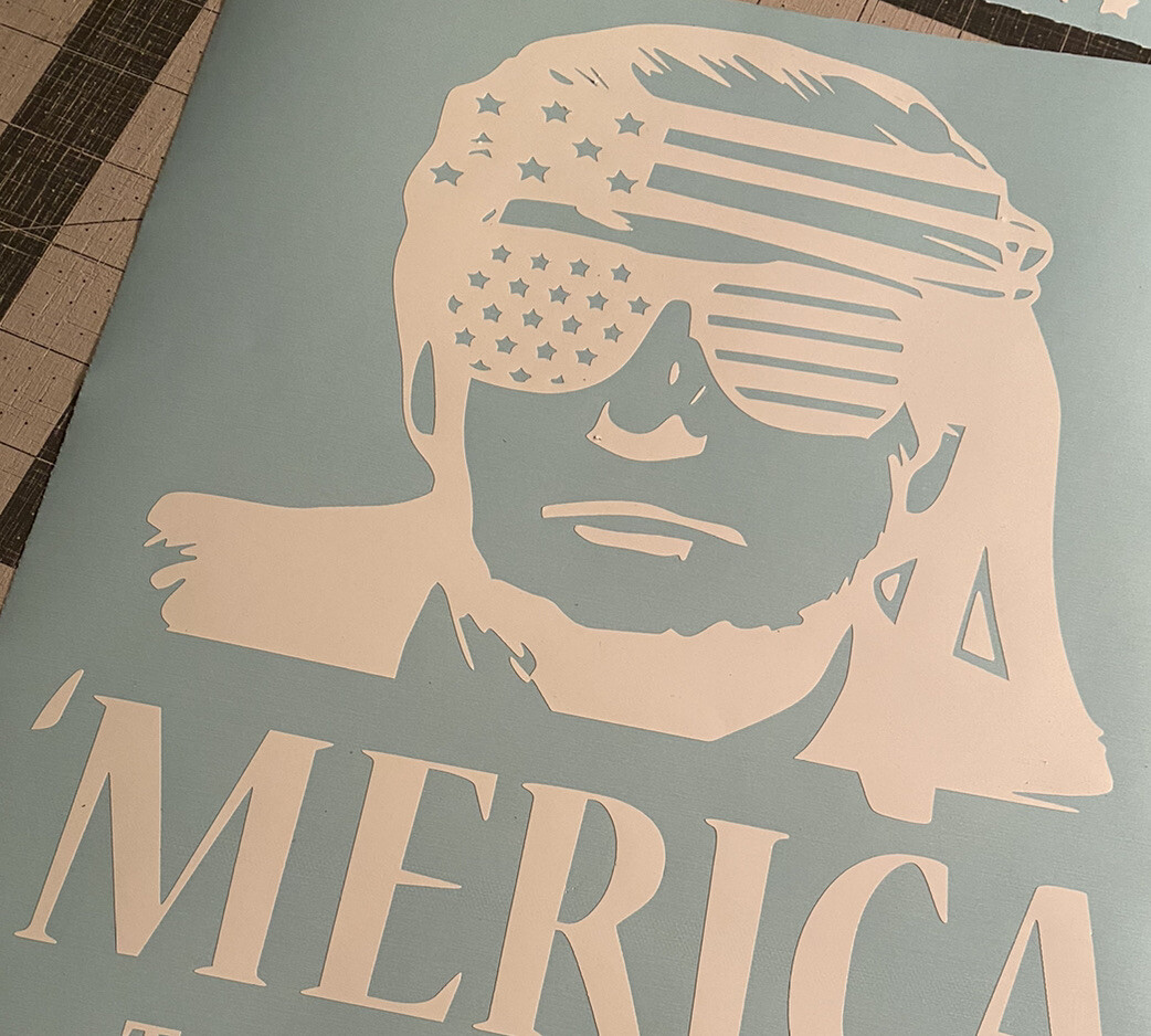 Vinyl Decal – 'Merica Trump w/ Sunglasses, Stars & Stripes, Various Colors Sizes