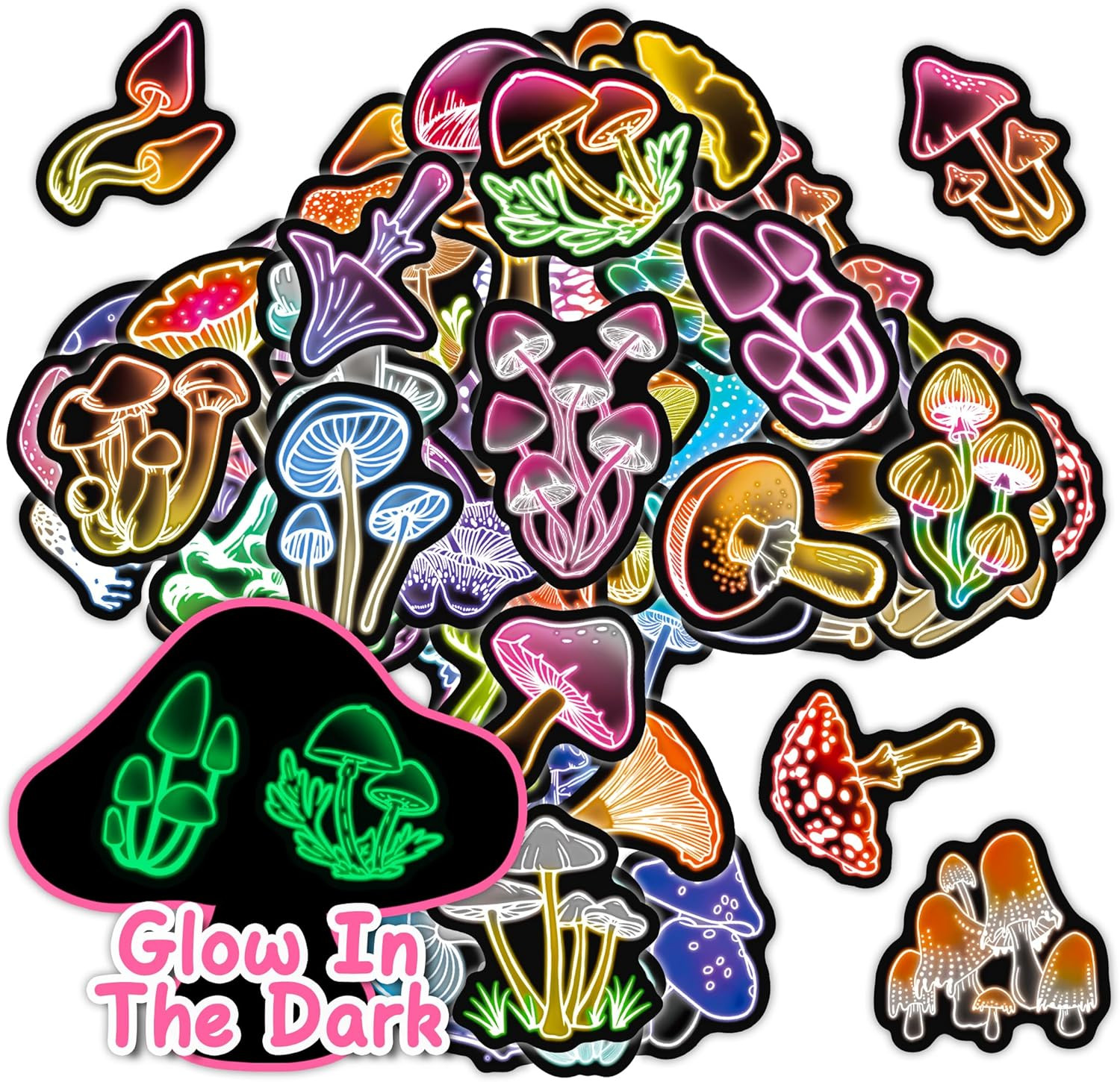 50 Pcs Glow in the Dark Neon Mushroom Water Bottle Stickers, Waterproof Vinyl Mu