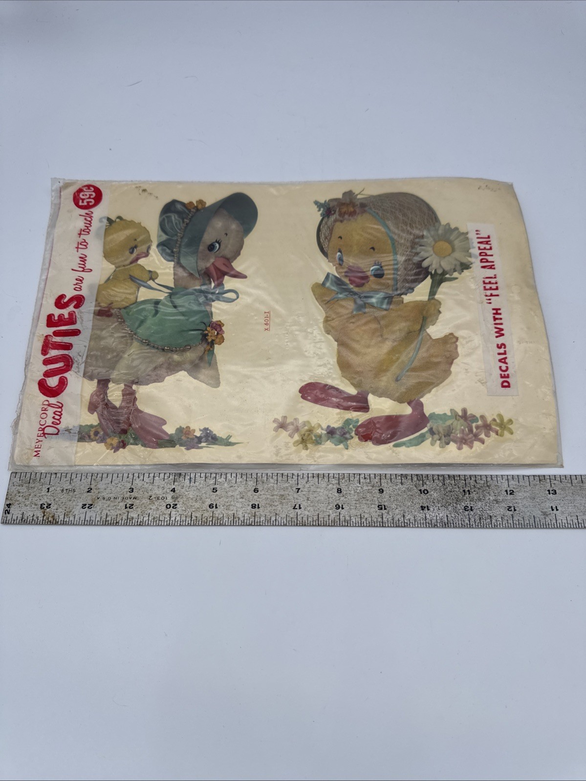 Vtg 1960's Anthropomorphic Duck & Chick CUTIES Decals Meyercord Fuzzy Wall Decor