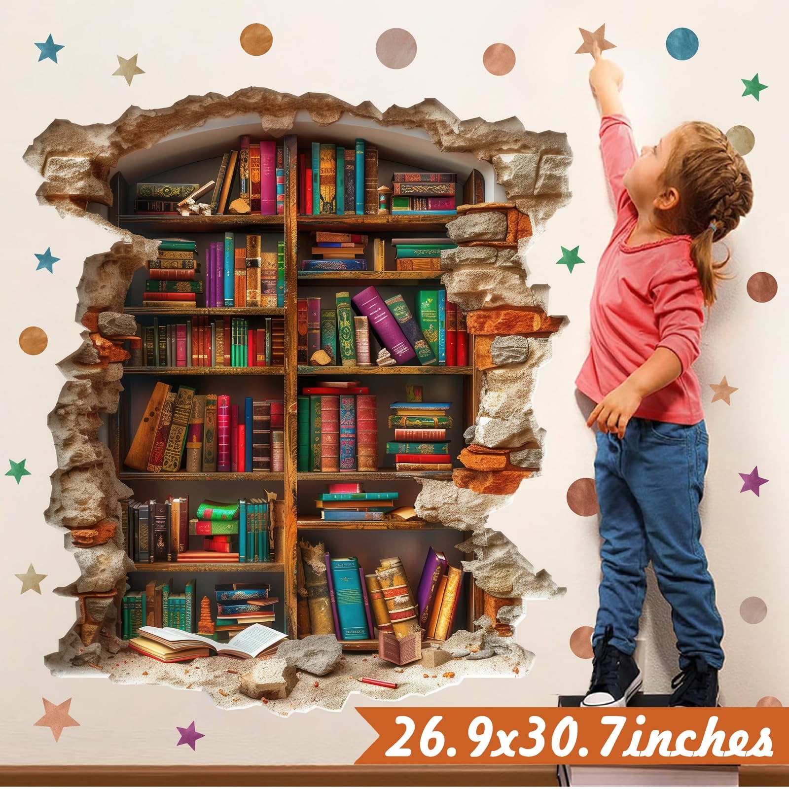 Large Vintage Book Wall Stickers 3D Broken Wall Decals Peel and Stick Reading…