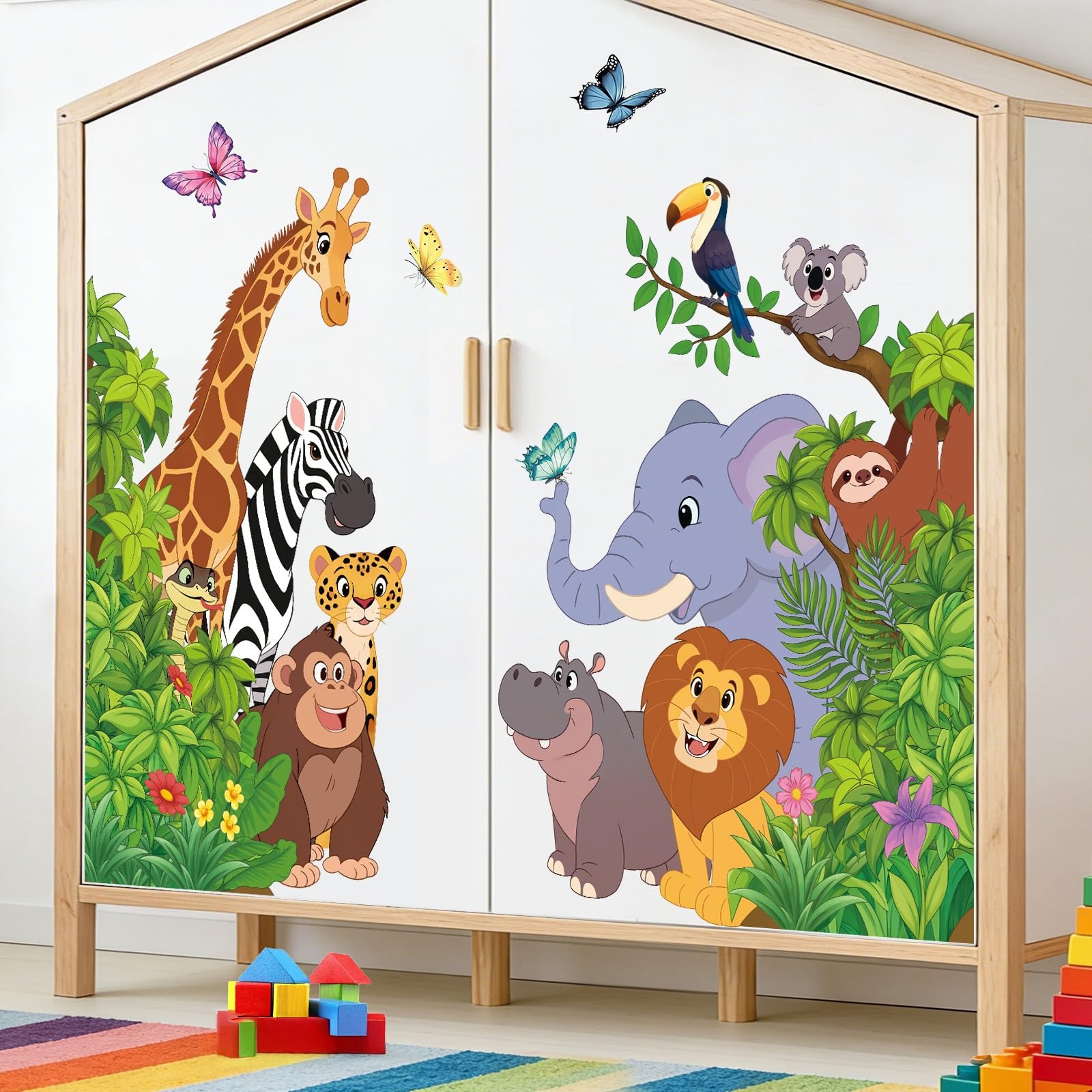 Cartoon Jungle Animal Wall Sticker Peel and Stick, Vinyl Safari Wall Decal, E…