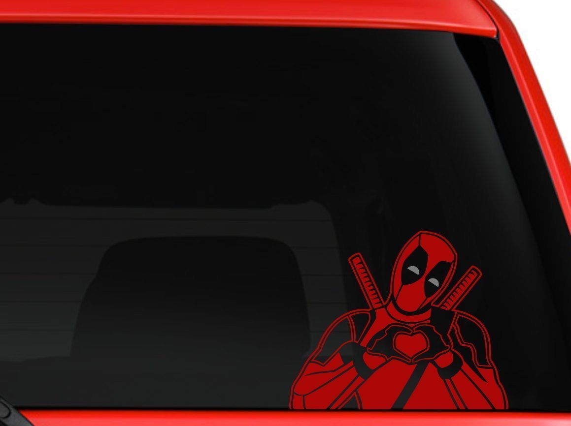 Deadpool Making Heart Sign New Design Car Truck SUV Decal Sticker 8" Silver/RED