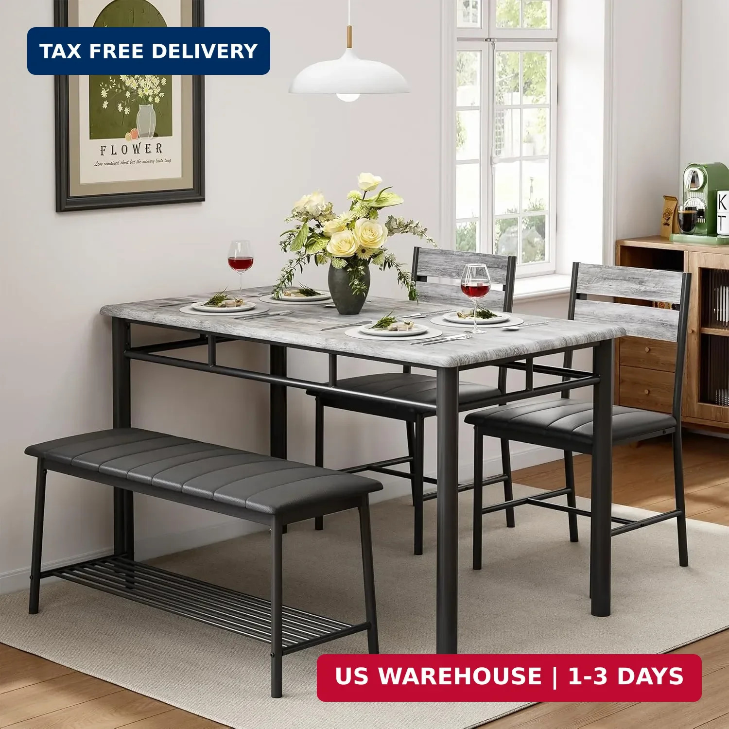 4 Piece Dining Table Set with Upholstered Bench 2 Chairs Gray for Small Space