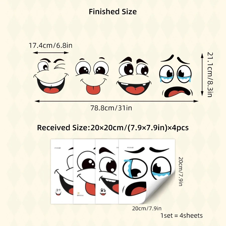 4pcs Cartoon Face Stickers Self Adhesive Wall Decals Trash Bin Home Decor