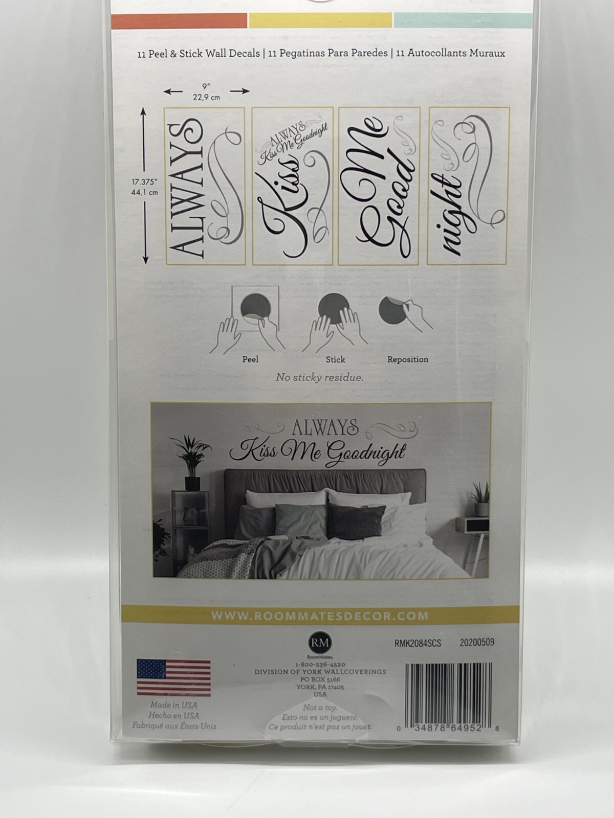 2 Pack Room Mates Always Kiss Me Goodnight Peel Stick Quote Wall Decals
